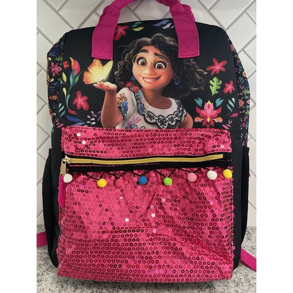 Disney Encanto Mirabel Backpack Pink Sequin Pom Pom School Bag Girls Floral